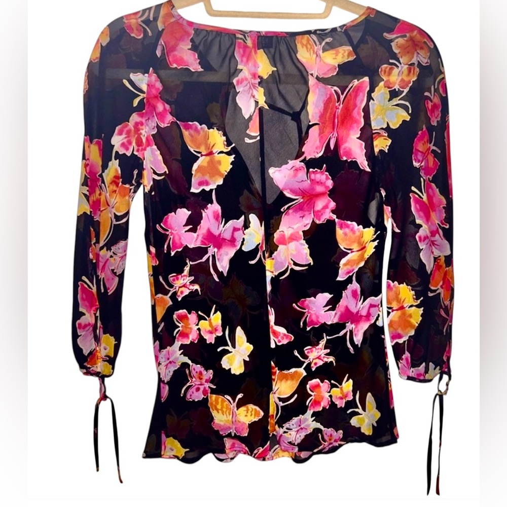 Moschino Y2K | 90s | 2000’s | Butterfly Print Sheer Blouse | Black + Pink - Picture 2 of 8